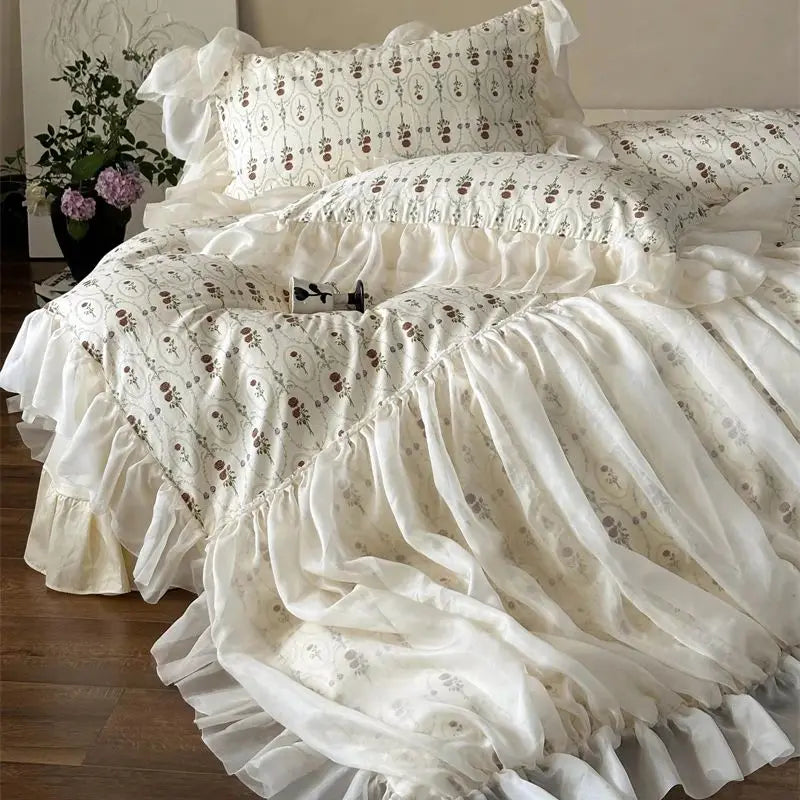Cyflymder  4Pcs Vintage French Pure Cotton Rose Print Pleated Lace Ruffles Bedding Set Queen King Size Duvet Cover Set Bed Sheet Pillowcase