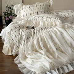 Cyflymder  4Pcs Vintage French Pure Cotton Rose Print Pleated Lace Ruffles Bedding Set Queen King Size Duvet Cover Set Bed Sheet Pillowcase