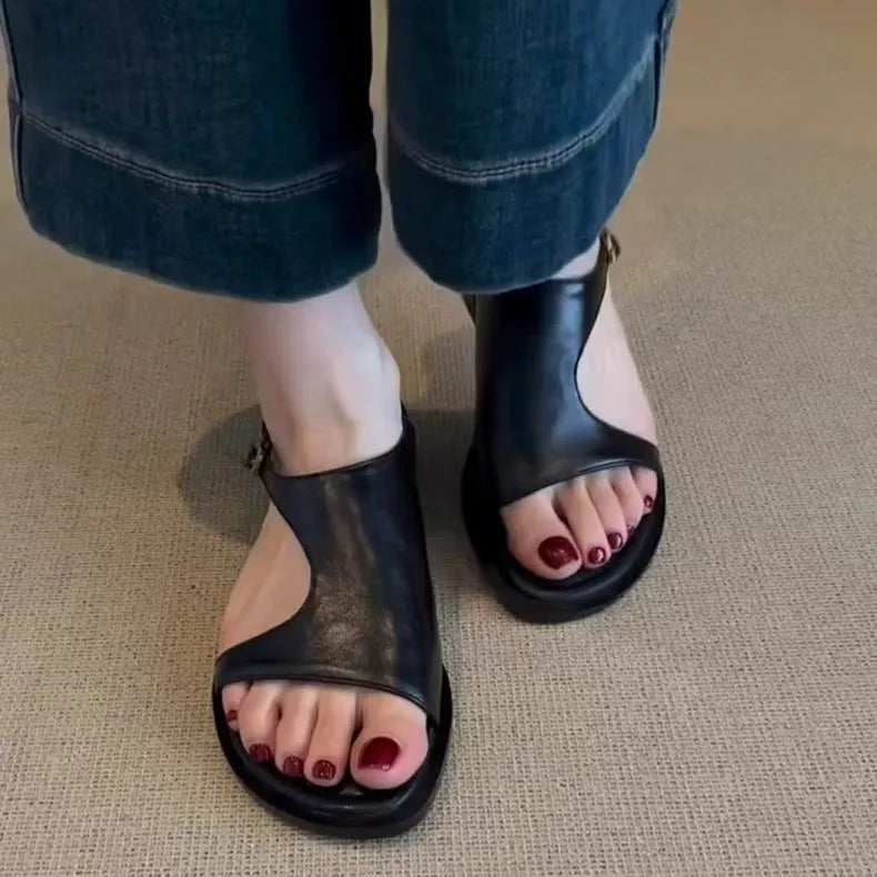 Cyflymder  NEW Summer Women Sandals Split Leather Shoes for Women Open Toe Low Heel Shoes Concise Gladiator Sandals Retro Handmade Shoes