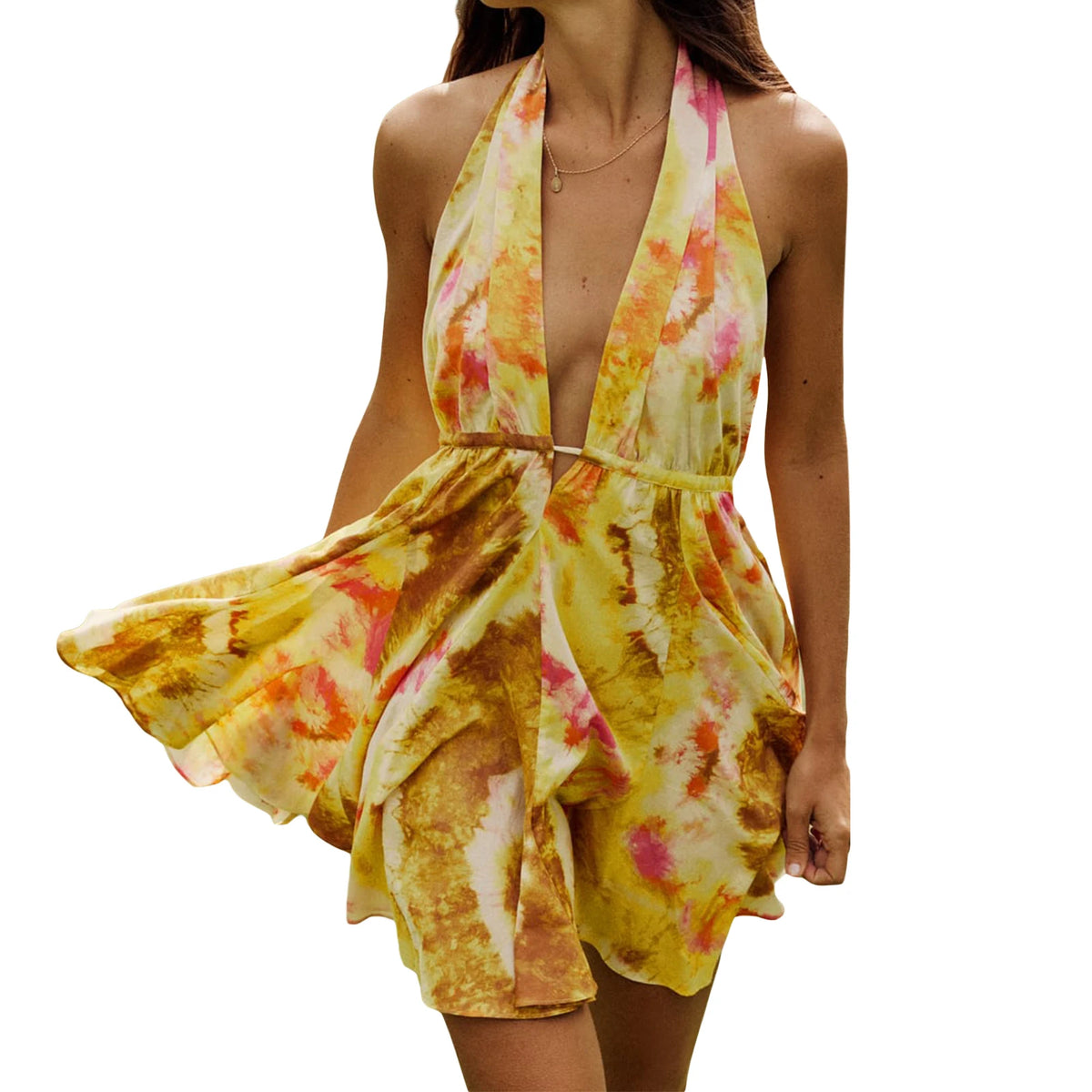 Cyflymder  Women Mini Dress Sleeveless Halter Dress Backless Tie-dye Print Summer A-line Dress