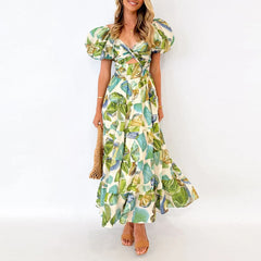 Cyflymder  Summer Bohemian Dresses Off Shoulder Sexy Short Sleeve Large Swing Long Dress Women Floral Printed Low Cut Backless Beach Dress