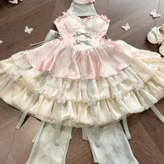 Cyflymder  Kawaii Lovely Slash Neck Slim Lolita Dress Women Design Sweet Bow Off Shoulder Sling Dresses Fluffy Cute Fairy New Clothing 2026