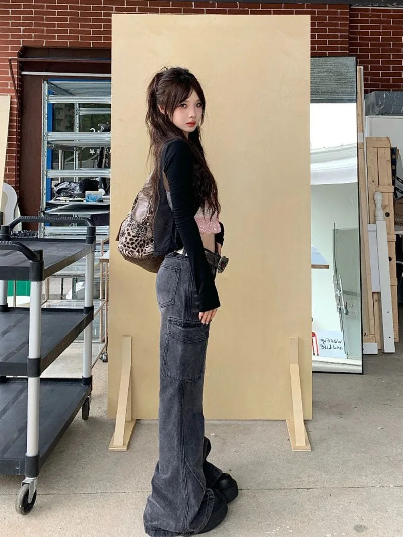 Cyflymder  High Street Retro Black and Gray Jeans Women's Pants Autumn Loose Wide-leg Pants Straight Flared Trousers Y2k Sweet Punk Pant