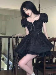 Cyflymder  Lolita Kawaill Princess Style Mini Dress Bow Lace Harajuku Casual Slim Female Subculture Elegant Party Cute Dress New