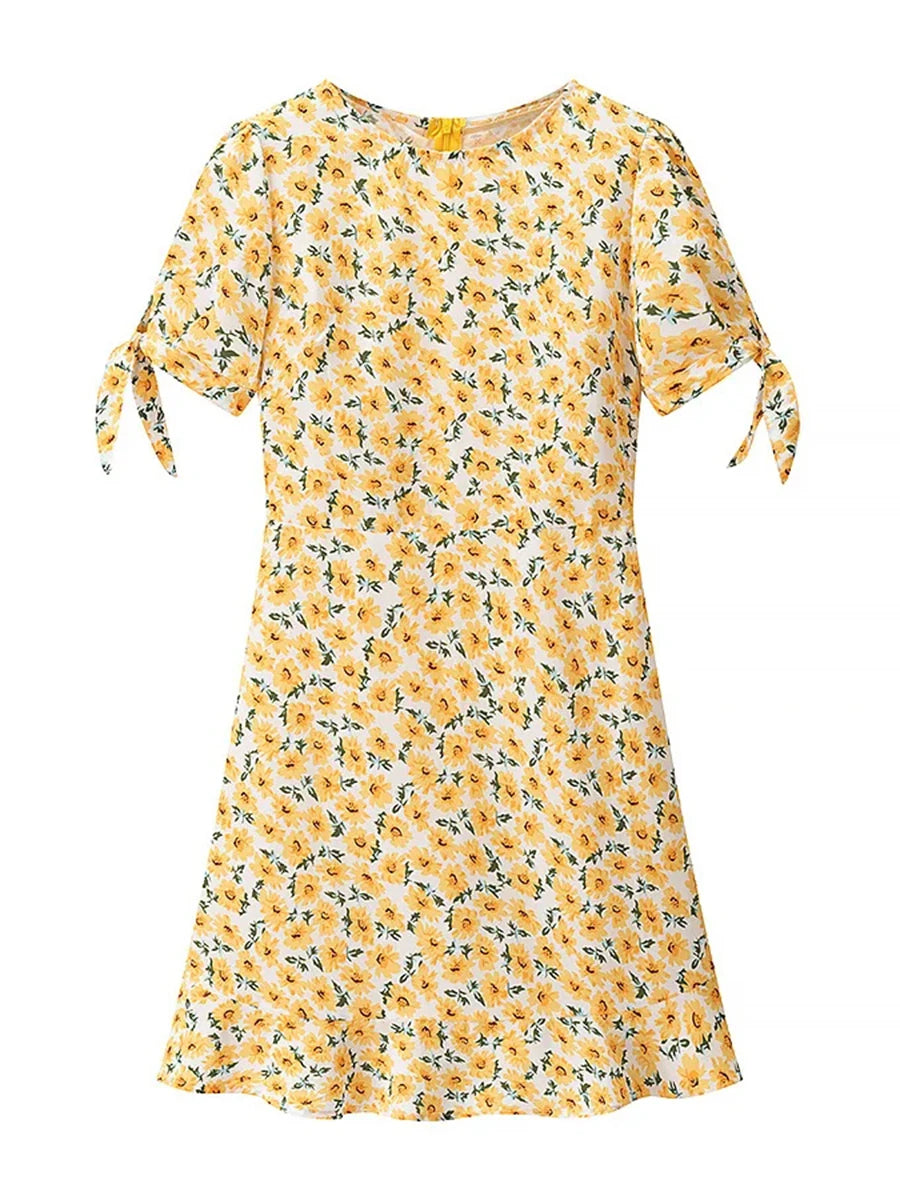 Cyflymder  French Pastoral Style Printed Dress for Women O Neck Short Sleeve Spliced Lace Up Slimming Short Dresses Female New