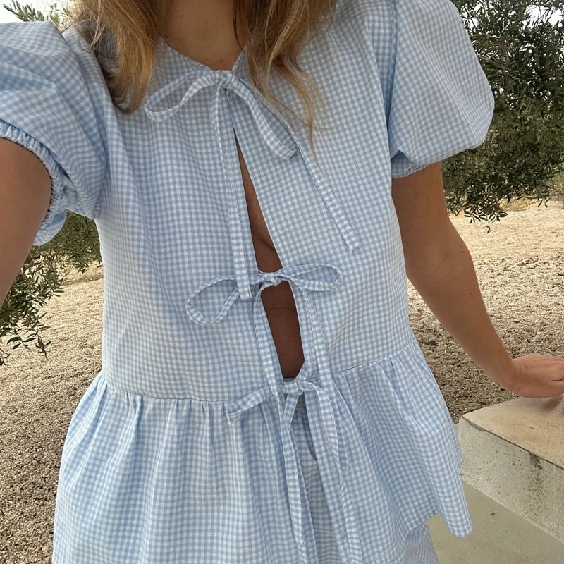 Cyflymder  Kawaii 2 Piece Outfits Plaid Puff Sleeve Front Tie Bowknot Blouse T-shirt Tops + Shorts Set Fairy Lounge Y2K Clothes