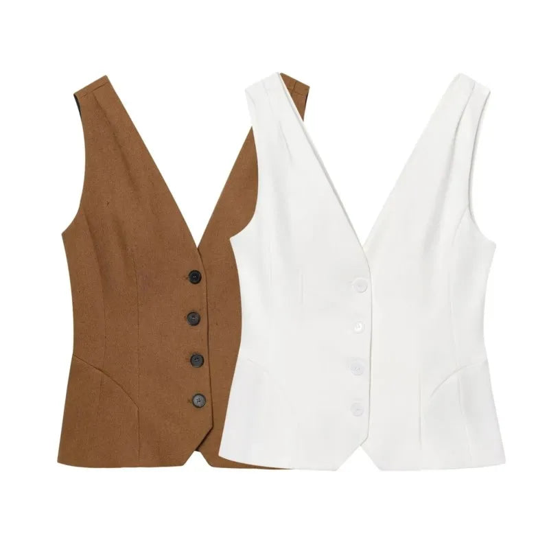 Cyflymder  Fashion Slim Vest For Women Summer 2025 New Brown Single Breasted V-neck Sleeveless Waistcoat Sleeveless Office Casual Solid Top