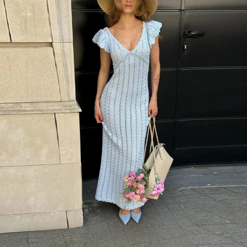 Cyflymder  Chic V-Neck Knitted Lace Long Dress Woman Hollowed Out Short Sleeves Slim Robes Solid Color Casual Elegant Women's Long Dresses