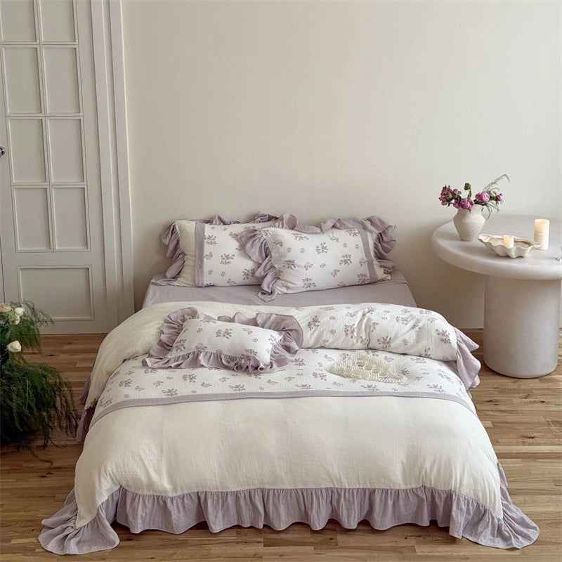 Cyflymder  Flowers Print Lace Ruffles Bedding Set 100% Cotton Double Layer Yarn Soft Duvet Cover Bed Sheet/Fitted Sheet Pillowcases 4Pcs