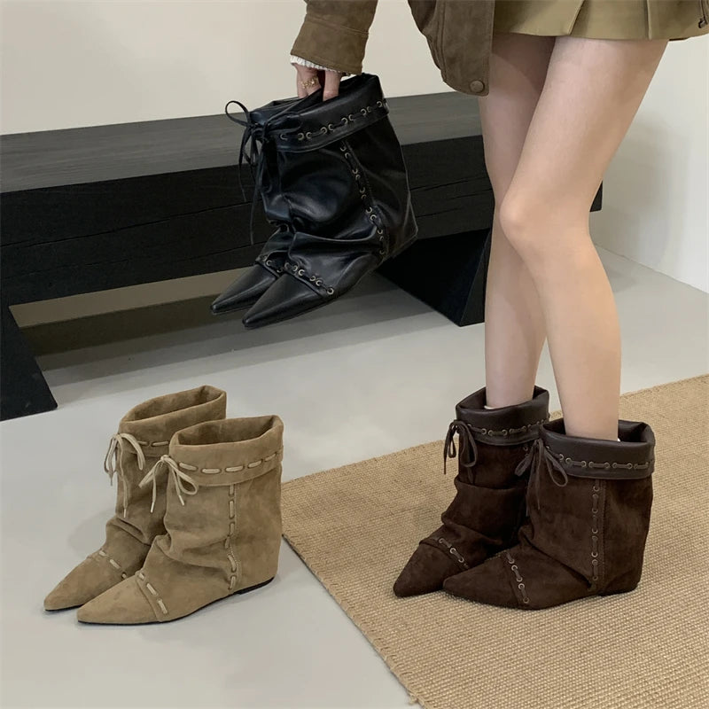 Cyflymder  Autumn Winter Soft Suede Pointed Toe Ankle Boots Women Fashion Lace Up Punk Style Modern Short Boots Ladies Wedges Party Heels