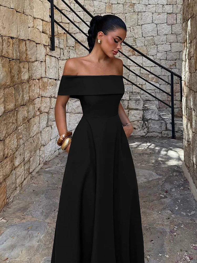 Cyflymder  Classic Sexy Slash Neck Dress Women Elegant Solid Simple Office Birthday Evening Cocktail Party Stretchy Maxi Bodycon