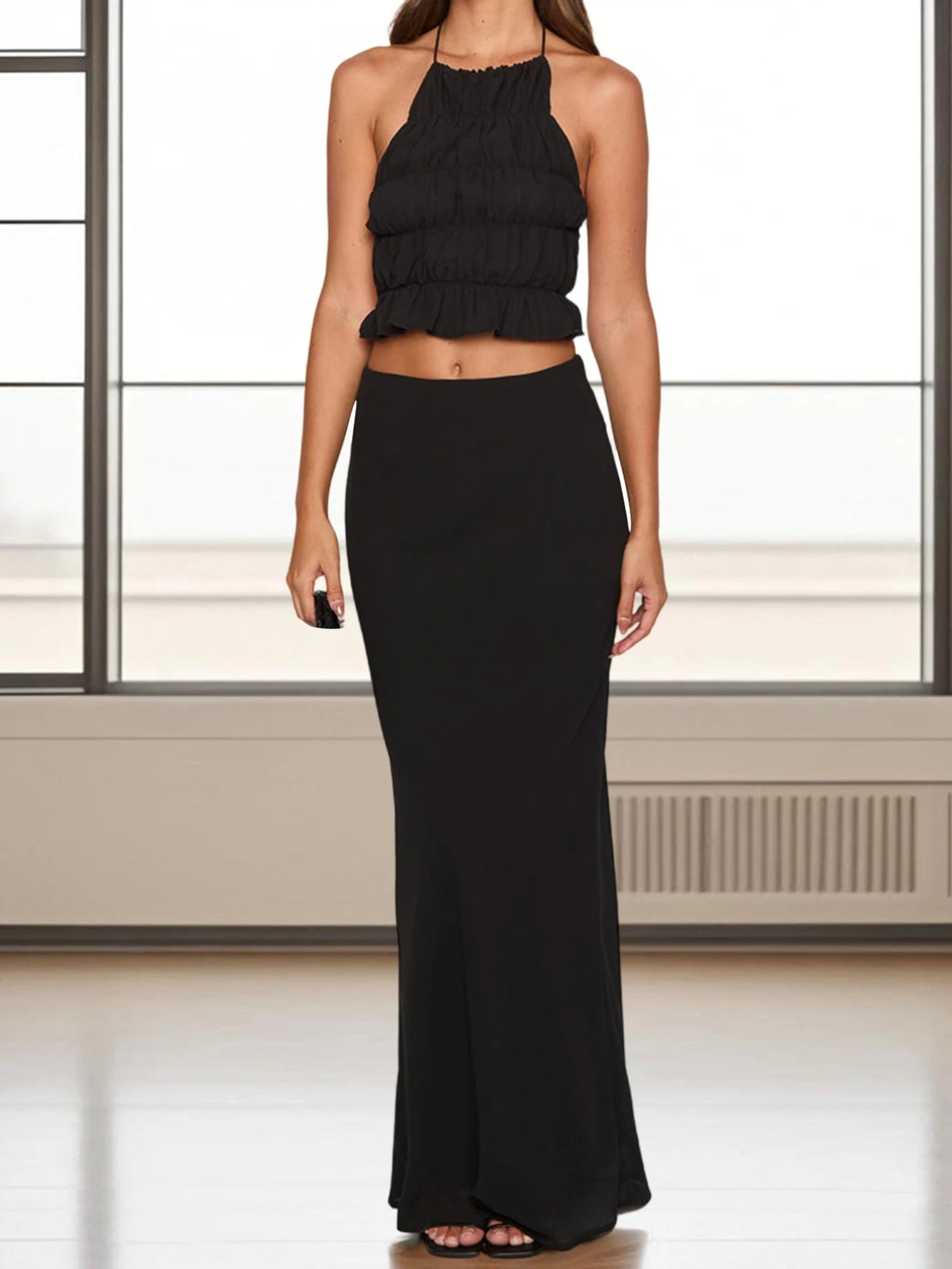Cyflymder  Elegant Two Piece Skirt Sets for Women Stylish Smocked Halter Neck Crop Top with  Fit Long Skirt Ensemble in Solid Color