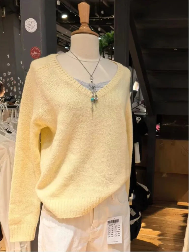 Cyflymder  Yellow Sweater Woman Spring Casual Sweet V-neck Long Sleeve Knitted Pullover Cute Simple Preppy Style Sweaters Chic Y2k Jumpers