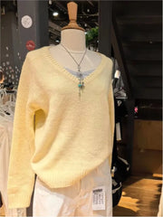Cyflymder  Yellow Sweater Woman Spring Casual Sweet V-neck Long Sleeve Knitted Pullover Cute Simple Preppy Style Sweaters Chic Y2k Jumpers