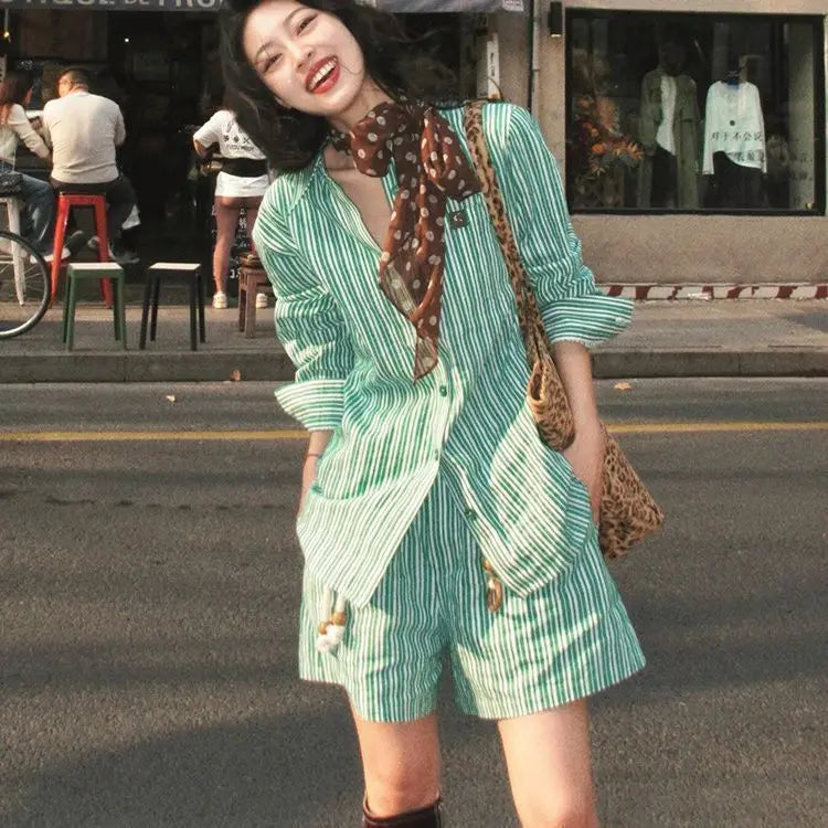Cyflymder  Set Summer New Popular Green Striped Shirt Shorts Two-piece Set