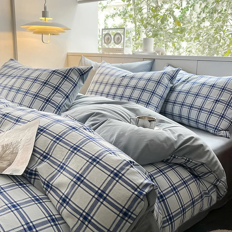 Cyflymder  Striped Gird Pure Cotton Bedding Set Skin-Friendly Non Fading Bed Linens for Home Dorm Single Double Quilt Sets for Four Seasons