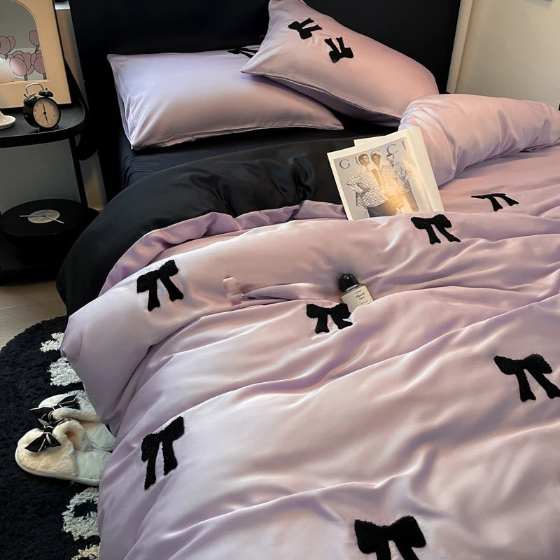 Cyflymder  Nordic Style Rayon Silk Bow Embroidery Bedding Sets Ice Silk Duvet Covers Bed Sheet Pillowcases Queen/king Bedclothes for Summer