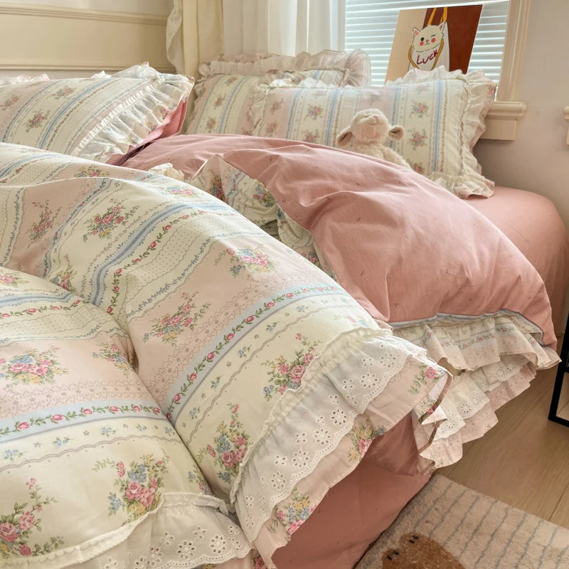Cyflymder  Princess Style Lace Ruffles 100% Cotton Bedding Set Floral Pastoral Style Duvet Cover Flat/Fitted Bed Sheet Pillowcases 3/4Pcs
