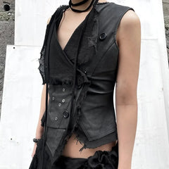 Cyflymder  New Euramerican Gothic High Street Punk Turn Down Collar Sleeveless Vest Lrregular Punk Buttons Slim Tops Spliced Retro Tank Top