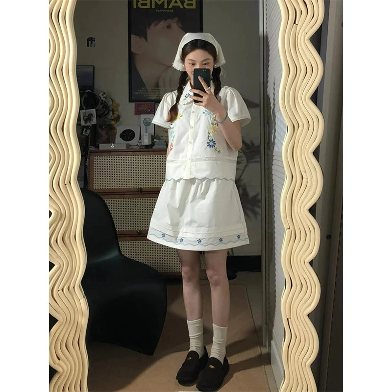 Cyflymder  2 Piece Sets Women Outfit Kawaii Lace Floral Embroidery Short Sleeve Shirts Vintage Cute Mini Skirt Summer New In Matching Sets
