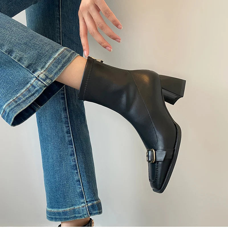 Cyflymder  Vintage Thick Heel Woman Ankle Boot Fashion Belt Buckle Ladies Elastic Slim Short Booties Autumn Winter Women's Shoes