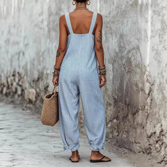 Cyflymder  Women's Summer Jumpsuit Sleeveless Striped Casual Romper High Waist Wide Leg Overalls Blue Striped Backless Cropped Cuff