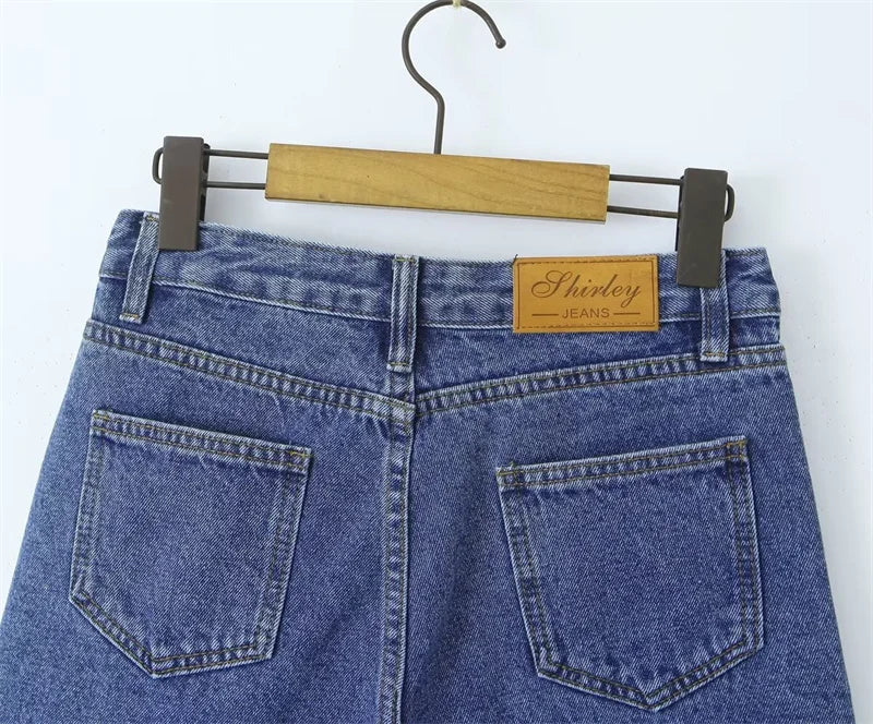 Cyflymder  High Waist Straight Leg Blue Waed Denim orts High Quali Wide Leg Five orts American Retro Deep Blue Jeans orts
