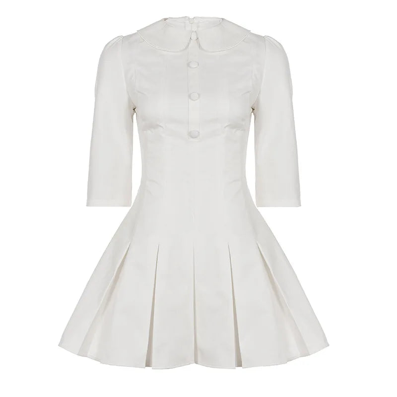 Cyflymder   Peter Pan Collar Pleated Mini Dress Women Fashion Buttons Long Sleeve A-line Dress Autumn Streetwear Sweet Casual Vestido