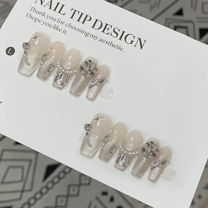 Cyflymder  10Pcs French Handmade Press on Nails Fake Nails with Pearl Decoration Wearable Stick-on Nails Full Cover False Nail Uñas 네일팁