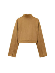 Cyflymder  Women's Brown Suede Stand Collar Short Jacket Long Sleeve Zipper Y2K Streetwear Spring Fashion Brown Coat for Ladies