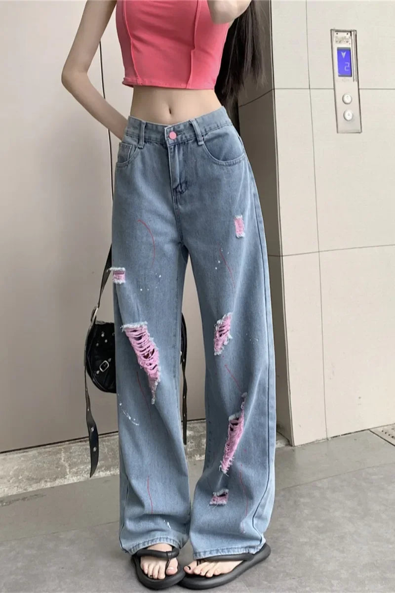 Cyflymder  Hot Girl Torn Jeans Women's Summer High Waisted Pink Ripped Loose Draped Demin Wide Leg Pants Fashion Casual Female Clothes