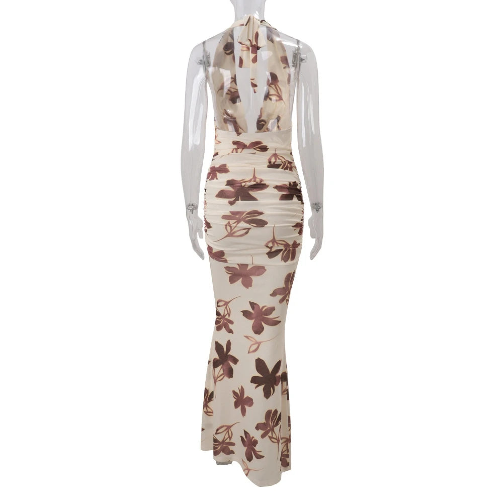 Cyflymder  Sexy Vacation Style Print Dresses for Women Swing Collar Sleeveless High Waist Slim Bodycon Long Dress Female New