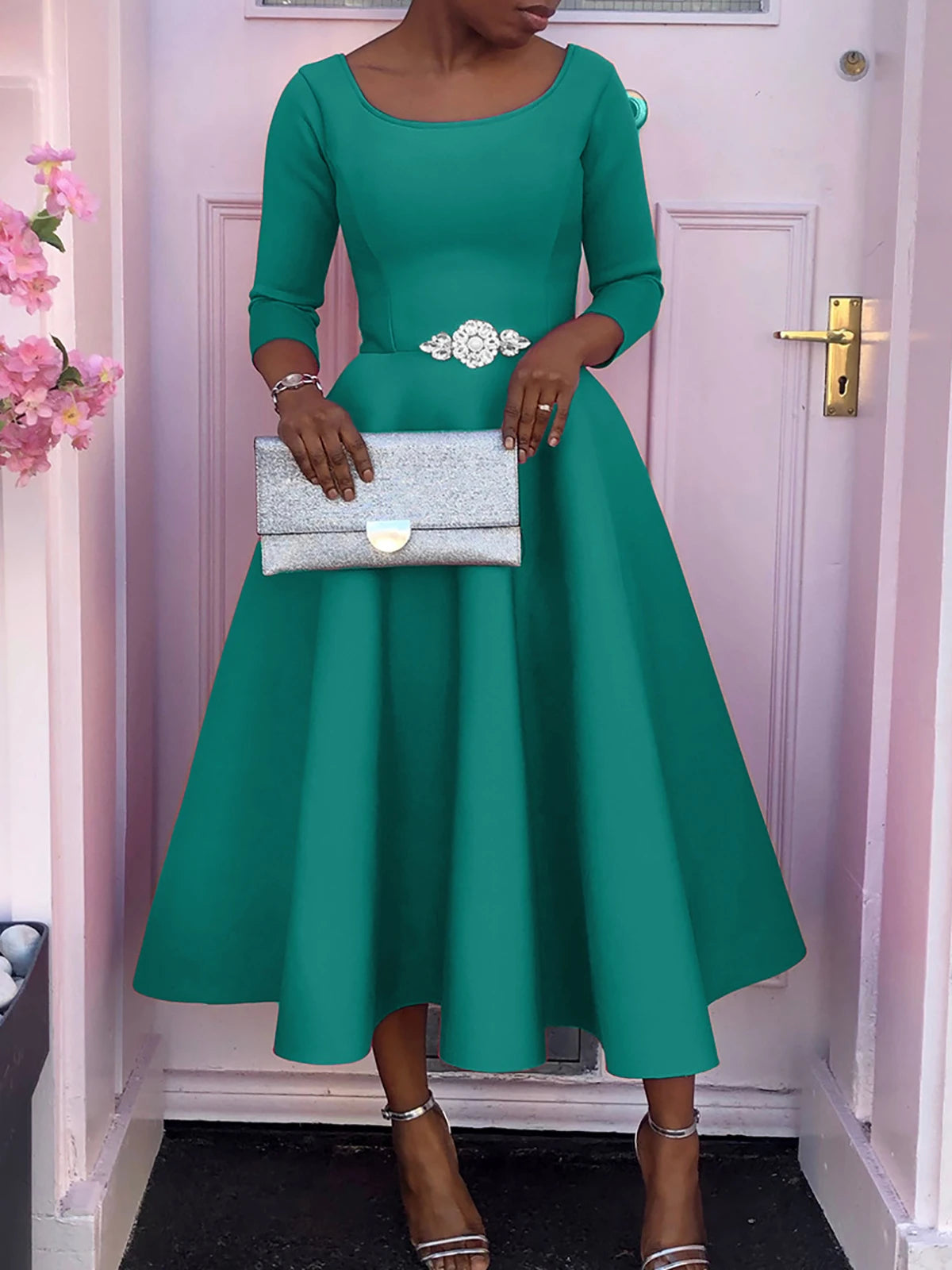 Cyflymder  Women's Elegant Luxury Sequins Evening Midi Dress Solid Crew Neck Long Sleeve Slim Ball Gown Autumn Female Prom Wedding Dresses
