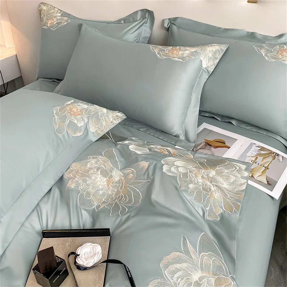 Cyflymder High-End Floral Embroidery Green Red Bedding Set Luxury Egyptian Cotton Solid Duvet Cover Flat or Fitted Bed Sheet Pillowcases