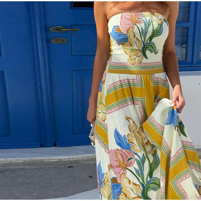 Cyflymder  Printed Chic Strapless Floor Dress Women Backless Slim Elastic High Waist Pleated Vacation Dresses 2025 Summer Party Lady Robe