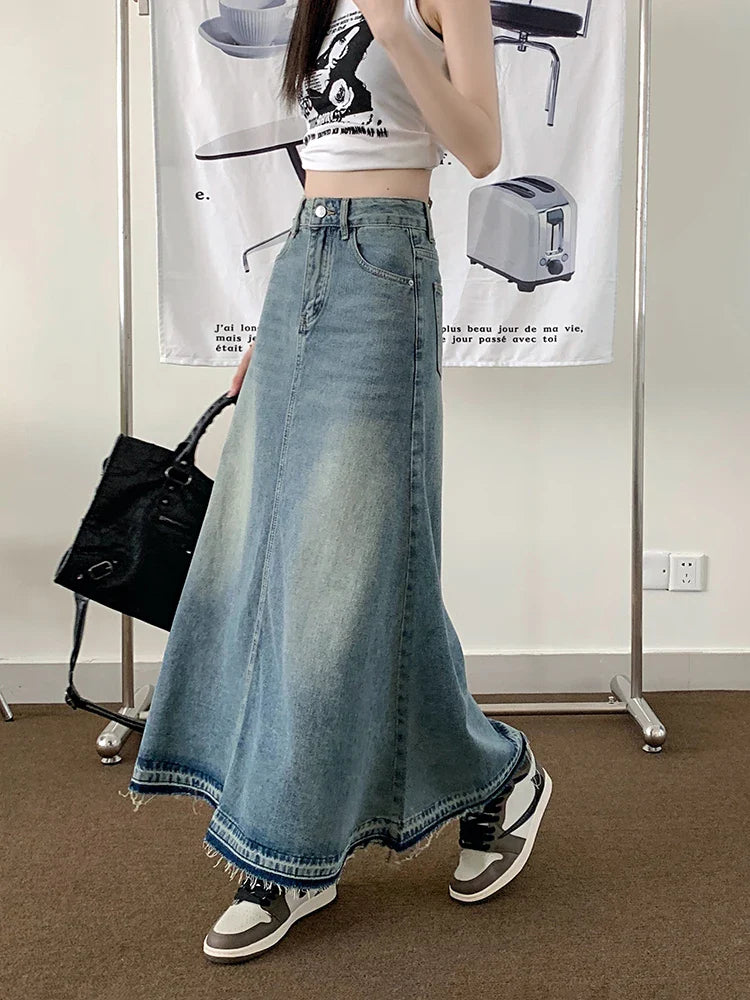 Cyflymder Y2k Raw Edge Stitch Maxi Denim Skirt Plain Casual High Waist Long Jeans Skirt Korean Dongdaemun Retro Women Streetwear