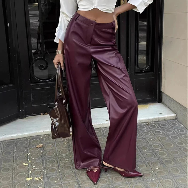 Cyflymder  Fashion Button Red Wine Straight Pants Women High Waist Zipper Fly PU Leather Spring Summer Elegant Solid Color Slim Trousers