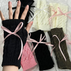 Cyflymder  New Sweet Cool Lolita Cute Bowknot Half Fingerless Gloves Ribbon Bow Sleeves Subcultural Fake Sleeves Knitted Hand Sleeves
