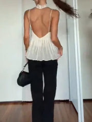 Cyflymder  Sleeveless Blouse For Women Trendy Lace Neck Spaghetti Strap Deep V Open Back Pleated Hem T-shirt Office Casual Lady's Top