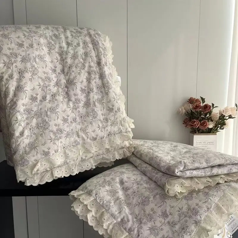 Cyflymder  Lace Pure Cotton Quilt 200x230cm Comforter Thin Summer Floral Printed Double Layer Gauze Quilted Blanket Queen Size Bedding