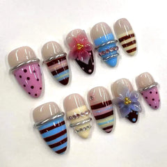 Cyflymder  24Pcs Medium Almond Colorful Floral Patterns Press on Nails Fresh French Summer Fashion Beauty Nails Tips Gradient Wearing Nails