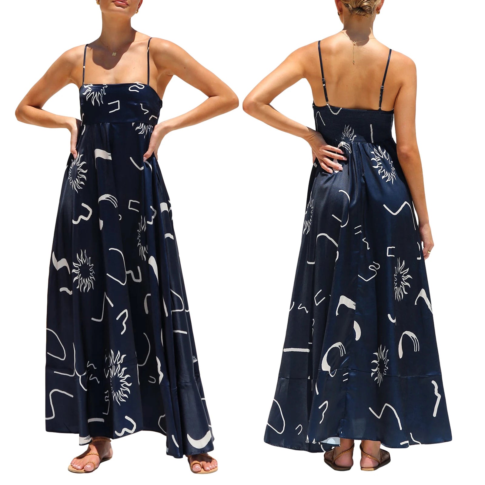 Cyflymder  Spaghetti Straps Flowy A-Line Long Dress Women's Summer Printed Backless Sleeveless Slip Swing Dress for Party Vacation Street