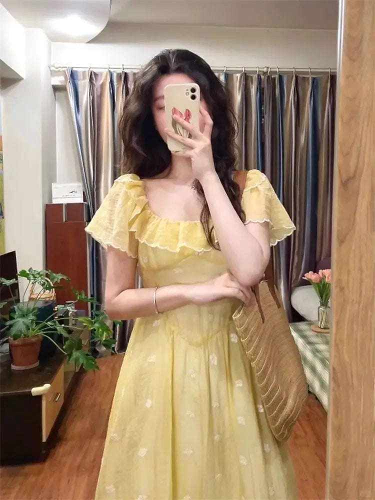 Cyflymder  Vintage Printed Women's Long Dresses 2025 New Spring Summer Yellow Short Sleeve Square Collar Straight Dress for Womens