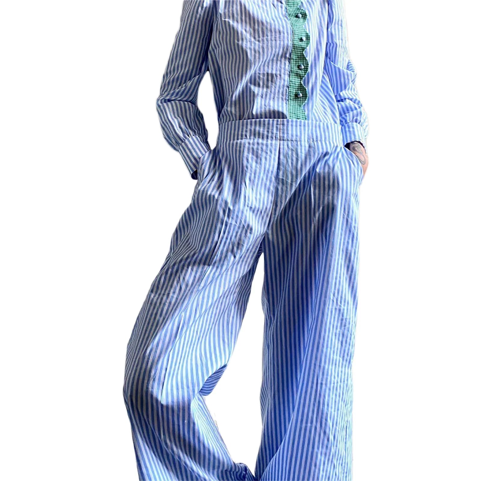 Cyflymder  Women's Striped Print Loose Wide Leg Trousers Summer Fall Casual High Waist Loose Fit Long Pants with Pockets for Streetwear