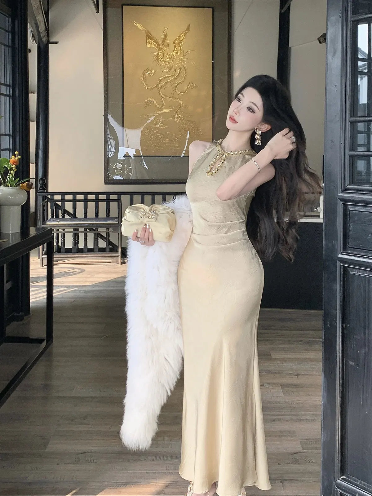 Cyflymder  Elegant Gold Sleeveless Long Dress V-Neckline Events Evening Parties Luxurious woman dresses  Hot Sexy Flowy Clothing
