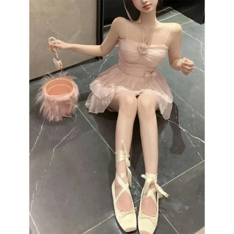 Cyflymder  Ballet Style Off-Shoulder Strap Dress Women's Summer New Waist-Cinching Slimming Heavy-Work Design Short Cake Skirt Dress