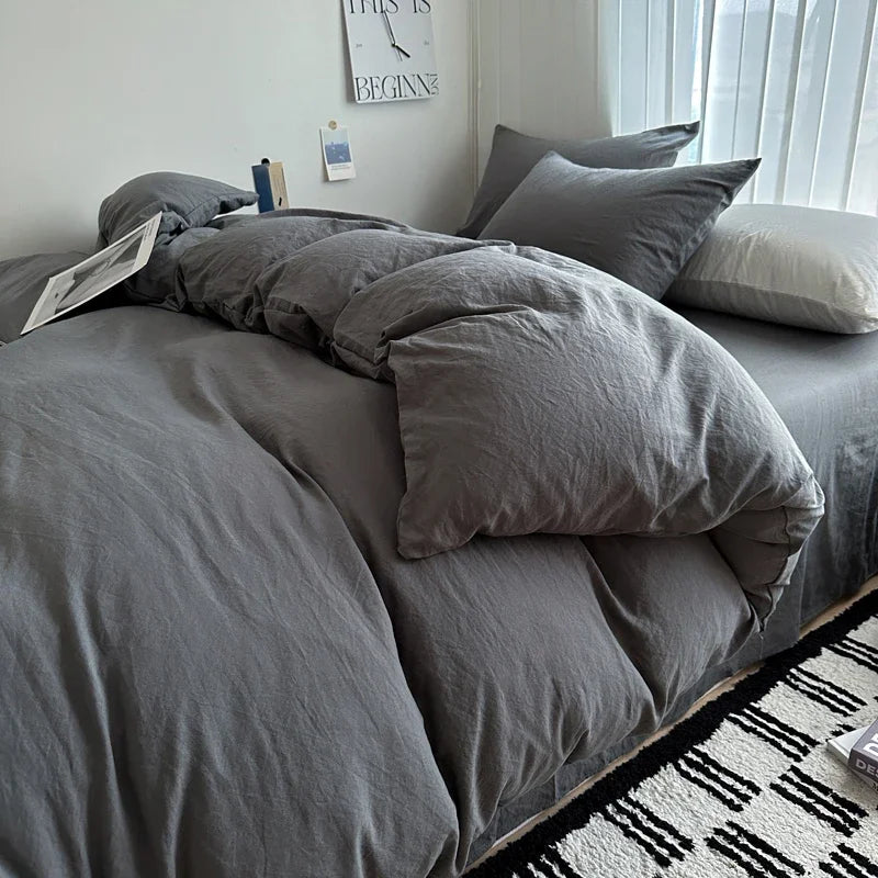 Cyflymder  Bed Linen Solid Cotton Bedding Set with Sheet Duvet Cover Pillowcases Single Couple Bedsheet King Queen Double Twin Size