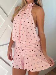 Cyflymder  Women Polka Dot Halter Mini Dress Backless Tie Ruched Waist Slim Sexy Y2K Chic Casual Date Vacation Party Beach Outfit