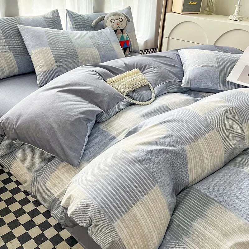 Cyflymder  Simple Nordic Pure Cotton Striped Bedding Set Naked Sleeping Comfortable Duvet Cover Set Fitted Sheet Kit for Single and Double