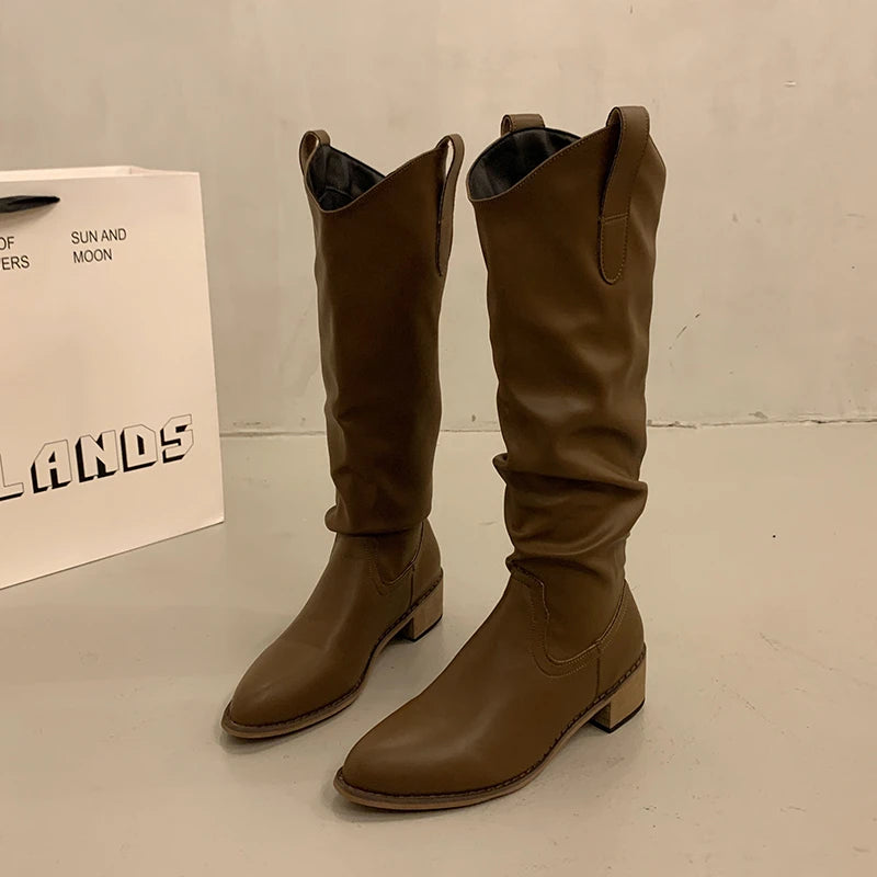 Cyflymder  Autumn Winter Vintage Woman Knight Knee High Boots Shoes Ladies Concise Slip On Western Cowboy Botas